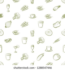 Drinks, Seafood and Vegetables set. Background for printing, design, web. Usable as icons. Seamless. Binary color.