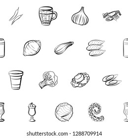 Drinks, Seafood and Vegetables set. Background for printing, design, web. Usable as icons. Seamless. Monochrome binary, black and white.