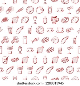 Drinks, Seafood and Vegetables set. Background for printing, design, web. Usable as icons. Seamless. Binary color.