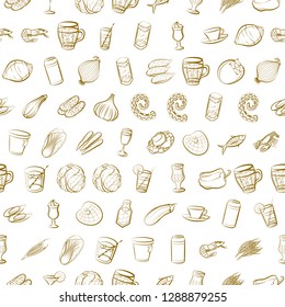 Drinks, Seafood and Vegetables set. Background for printing, design, web. Usable as icons. Seamless. Binary color.