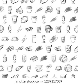 Drinks, Seafood and Vegetables set. Background for printing, design, web. Usable as icons. Seamless. Monochrome binary, black and white.
