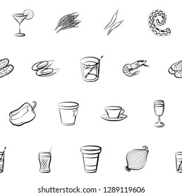 Drinks, Seafood and Vegetables set. Background for printing, design, web. Usable as icons. Seamless. Monochrome binary, black and white.
