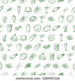 Drinks, Seafood and Vegetables set. Background for printing, design, web. Usable as icons. Seamless. Binary color.