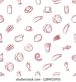 Drinks, Seafood and Vegetables set. Background for printing, design, web. Usable as icons. Seamless. Binary color.