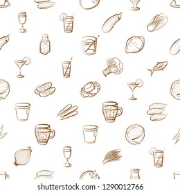 Drinks, Seafood and Vegetables set. Background for printing, design, web. Usable as icons. Seamless. Binary color.