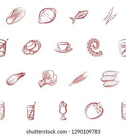 Drinks, Seafood and Vegetables set. Background for printing, design, web. Usable as icons. Seamless. Binary color.