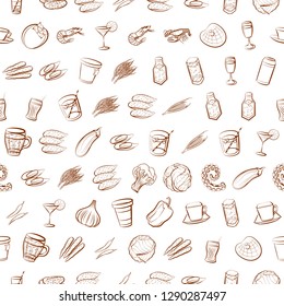 Drinks, Seafood and Vegetables set. Background for printing, design, web. Usable as icons. Seamless. Binary color.