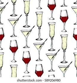 Drinks - Seamless Pattern With Champagne, Wine And Vermouth