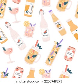 Drinks seamless pattern. Lemonade in glass bottles, cans, wineglass, glass. Repeating print with cold summer beverages, lemonades. Colored flat vector illustration for fabric, wrapping, decor