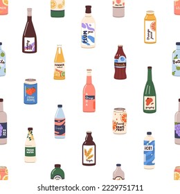 Drinks seamless pattern. Soda, juice in glass bottles, cans, endless background. Repeating print with cold summer beverages, lemonades. Colored flat vector illustration for fabric, wrapping, decor