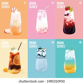 Drinks series, summer drink illustration, mojito, milk tea, strawberry, cool drinks, tasty