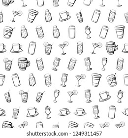 Drinks set. Background for printing, design, web. Usable as icons. Seamless. Monochrome binary, black and white.