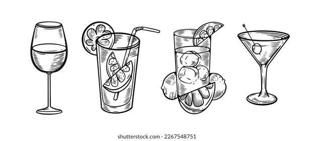 Drinks set black and white vector art illustration isolated on white background. Design for menu, bar and posters.