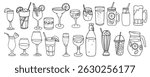 Drinks set. Cocktails, Wine, Whiskey and Cognac. Lemonade, Water, Soda, Milkshake, Ice tea and Smoothie. Hand drawn Vector illustration in Doodle style. For restaurant menus and graphic design