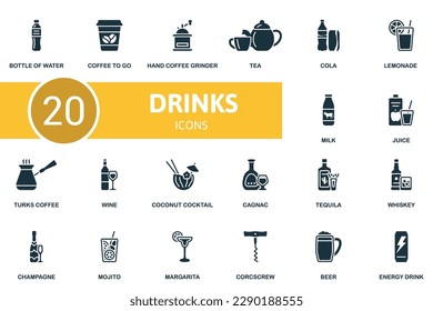 Drinks set. Creative icons: bottle of water, coffee to go, hand coffee grinder, tea, cola, lemonade, milk, juice, turks coffee, wine, coconut cocktail, cognac, tequila, whiskey, champagne, mojito