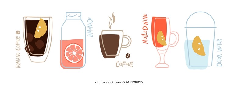 Set de bebidas. Los diferentes tipos de bebidas son de estilo doodle. Cócteles de verano y bebidas calientes. Líquidos en vasos y botellas para pub, bar, menú de restaurante, decoración de fiestas, plantilla de bebidas, recetas.