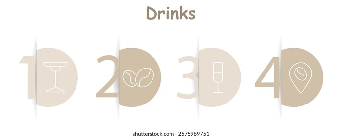 Drinks set icon. Bar table, coffee beans, champagne glass, coffee location. Beverage culture, social events, coffee shop planning, hospitality services.