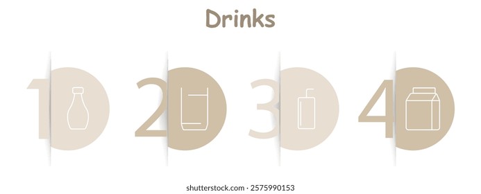 Drinks set icon. Bottle, glass, bottle with straw, carton, beverages, hydration, juice, milk, packaging, containers