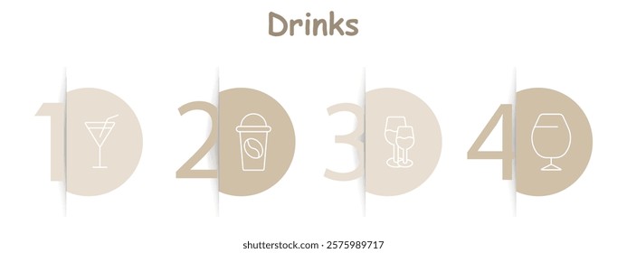 Drinks set icon. Cocktail glass, coffee cup with lid, two wine glasses, brandy glass, beverages, bar, relaxation, enjoyment