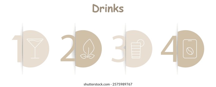 Drinks set icon. Cocktail glass, organic leaf, juice cup, coffee app. Beverage selection, healthy choices, refreshments, online ordering