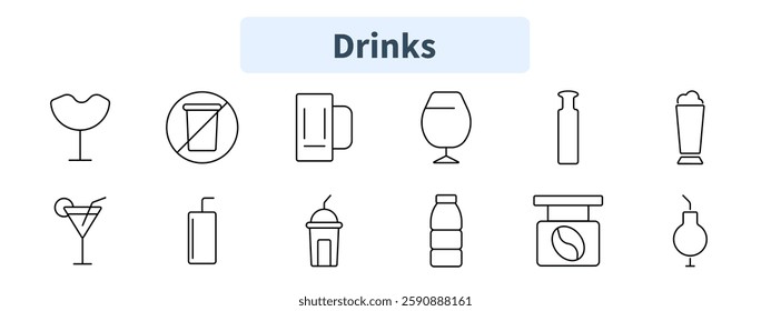 Drinks set icon. Cocktail, no drink sign, beer mug, wine glass, bottle, milkshake, martini, juice, iced coffee, water bottle, coffee jar, potion.