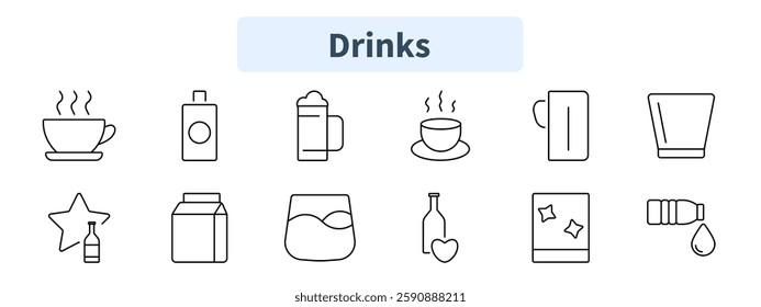 Drinks set icon. Coffee cup, milk carton, beer mug, tea cup, glass, alcohol, juice, whiskey, wine bottle, cocktail, water bottle.