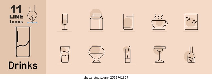 Drinks set icon. Drinkware icons: beer mug, cocktail glass, juice box, coffee cup, tumbler, martini glass, soda can, wine glass.