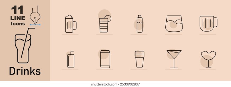 Drinks set icon. Drinkware icons: beer mug, cocktail glass, juice box, coffee cup, tumbler, martini glass, soda can, wine glass.