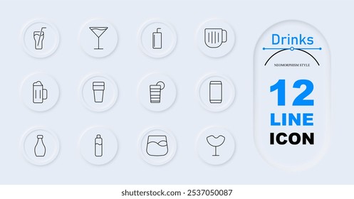 Drinks set icon. Glass, cocktail, beer mug, soda can, water bottle, coffee cup, martini glass, juice cup, drink can, tumbler, milk bottle, cup