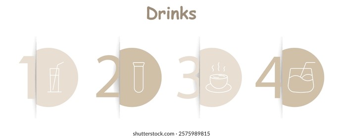 Drinks set icon. Glass with straw, test tube, steaming cup, cocktail glass, beverages, hot drinks, cold drinks, testing