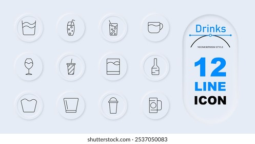 Drinks set icon. Mixed drinks, wine glass, milkshake cup, soda cup, bottle, beer mug, cocktail glass, tumbler, whiskey glass, cup, drink container.