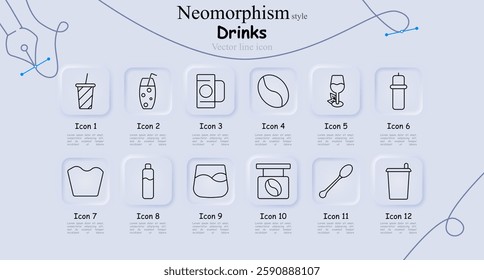 Drinks set icon. Smoothie, carbonated drink, coffee maker, coffee bean, wine glass, baby bottle, whipped cream, water bottle, whiskey, coffee jar, spoon, takeaway coffee.