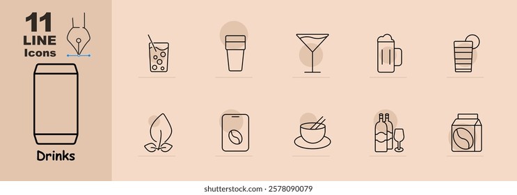 Drinks set icon. Soda can, cocktail, coffee cup, beer glass, juice, tea leaf, coffee bean, wine bottle, coffee carton, and cup with straw. Represents beverages, refreshment, and relaxation.