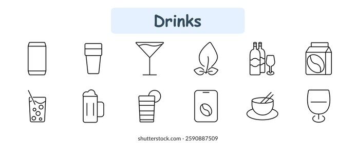 Drinks set icon. Soda can, takeaway cup, martini, tea leaf, wine bottle, coffee pack, bubble drink, beer mug, juice, coffee capsule, hot beverage, wine glass.