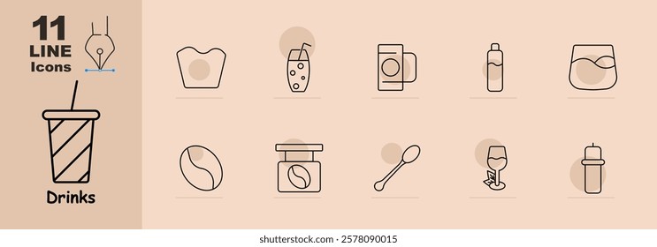 Drinks set icon. Soda cup, popcorn, mug, cocktail glass, whiskey glass, spoon, coffee jar, and wine glass. Highlights leisure, beverage preparation, and variety.