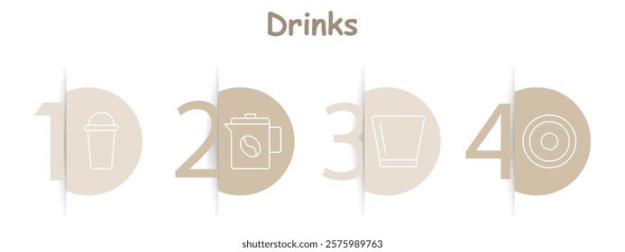 Drinks set icon. Takeaway cup, coffee pot, glass, beverage target. Hot drinks, coffee culture, takeaway beverages, refreshment planning.