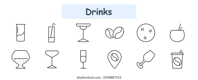 Drinks set icon. Tall glass, cocktail, wine glass, coffee beans, soft drink, liquor, champagne, coffee shop, bar location, drink with straw, takeaway coffee.