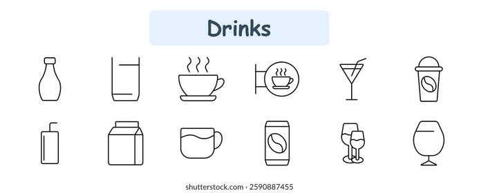 Drinks set icon. Water bottle, glass, hot coffee, cafe sign, cocktail, iced coffee, juice box, milk carton, cup of milk, canned coffee, wine glasses, brandy glass.