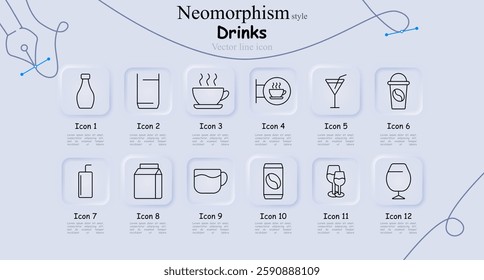 Drinks set icon. Water bottle, juice, hot tea, coffee shop sign, cocktail, iced coffee, smoothie, milk carton, coffee cup, coffee bean can, wine glasses, wine glass.