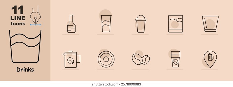 Drinks set icon. Wine bottle, coffee pot, latte, whiskey glass, beans, tea cup, and location marker with mug. Represents hot and cold drink options for enjoyment.