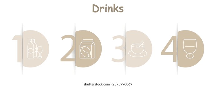 Drinks set icon. Wine bottles with glass, coffee carton, tea bowl, wine glass, beverages, variety, refreshment, relaxation