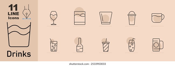 Drinks set icon. Wine glass, whiskey glass, cocktail, soda cup, water bottle, teacup, soda with straw, liquor bottle, juice box, beverage with ice, beer mug