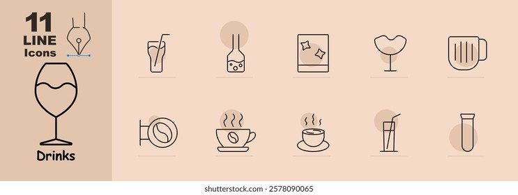 Drinks set icon. Wine glass, cocktail, drink with straw, ice drink, coffee bean, tea cup, steaming coffee, milk carton, test tube, and juice. Represents a mix of beverages for various occasions.