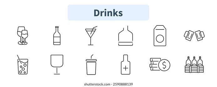 Drinks set icon. Wine glasses, liquor bottle, martini, whiskey, juice box, beer mugs, cocktail, coffee, soda, beverage pricing, alcohol storage.