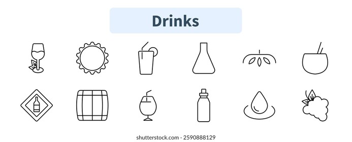 Drinks set icon. Wine tasting, bottle cap, tropical cocktail, chemistry flask, herbal infusion, traditional mate, beverage barrel, hydration, organic juice.