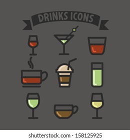 drinks set icons colorful flat design
