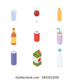 Drinks set. Isometric vector illustration in flat design.