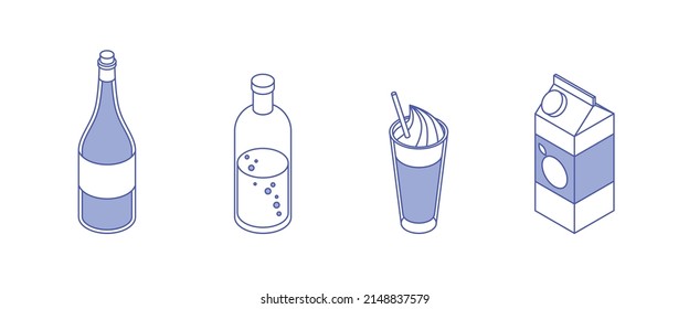 Set de bebidas. Isometric vectorial ilustración en diseño plano. Contorno, estilo lineal, línea de arte. Bebida, vidrio, jugo, agua, taza.