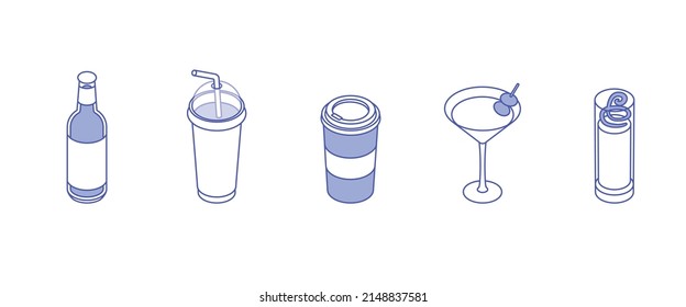 Drinks set. Isometric vector illustration in flat design. Outline, linear style, line art. Beverage, glass, juice, water, cup.
