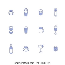 Drinks set. Isometric vector illustration in flat design. Outline, linear style, line art. Beverage, glass, juice, water, cup, coffee, tea.